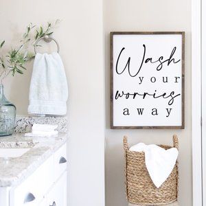 Wash Your Worries Away Bathroom Sign | Framed Canvas Bathroom Wall Decor
